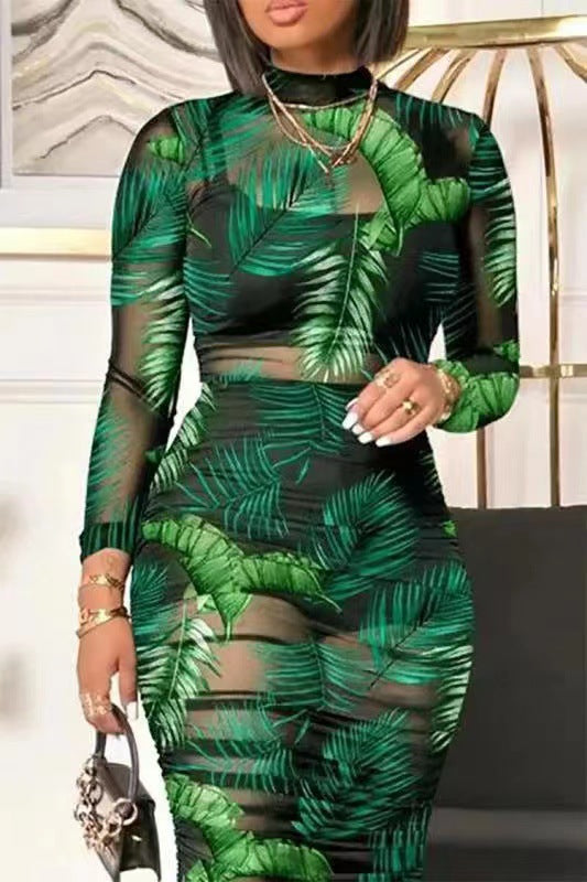 Printed See-through Slim-fit Mesh Dress