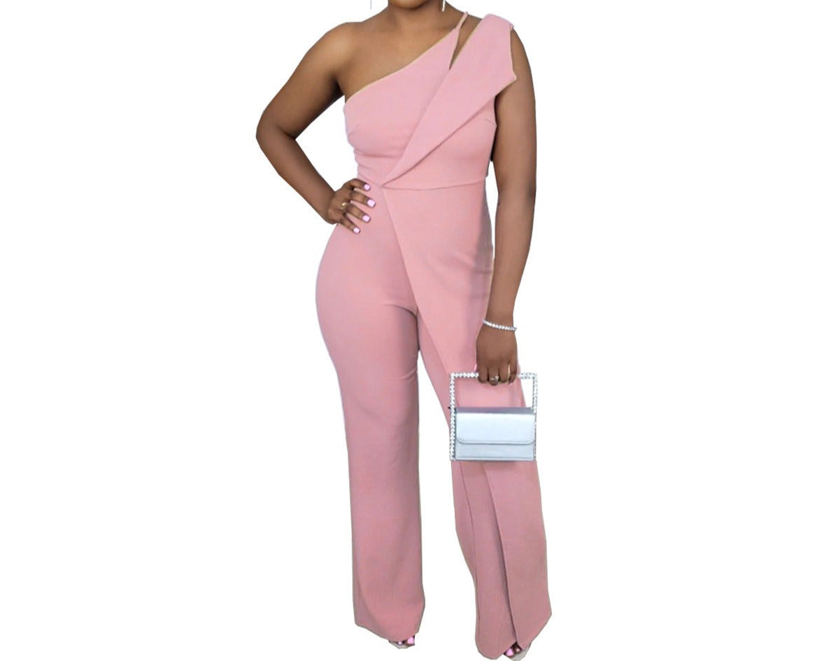 Fashion Casual One-shoulder Back Concealed Zipper Sleeveless Wide Leg Jumpsuit