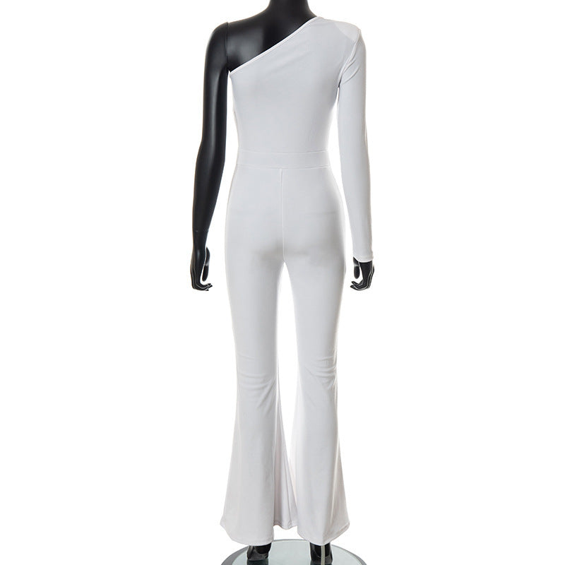 Fashion Solid Color One-shoulder Mesh Stitching Jumpsuit