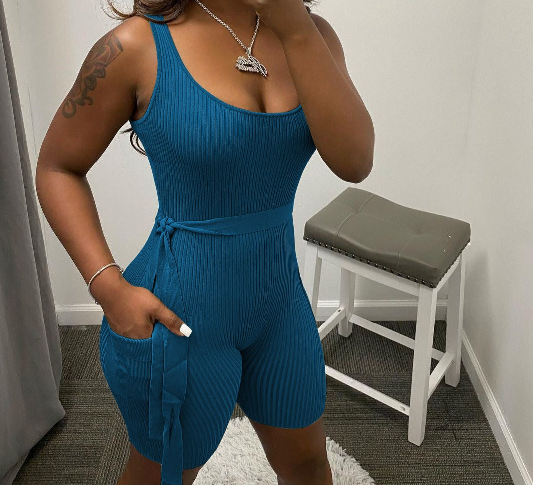 Dames Effen Kleur Pit Strip Strakke Jumpsuit Met Korte Mouwen