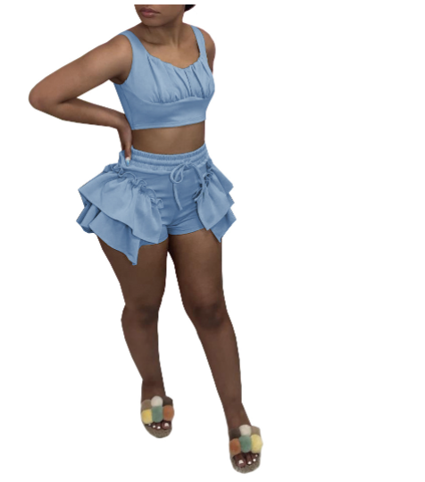 Two-piece Suit Of Solid Color Vest And Shorts With Wooden Ears