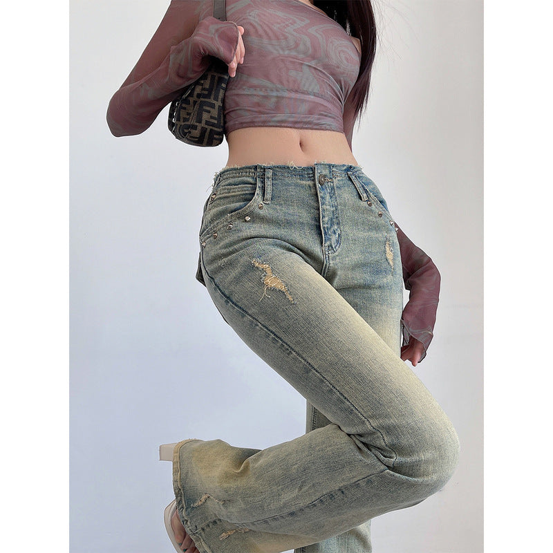 Women's Rivet Wear High Waist Flared Jeans