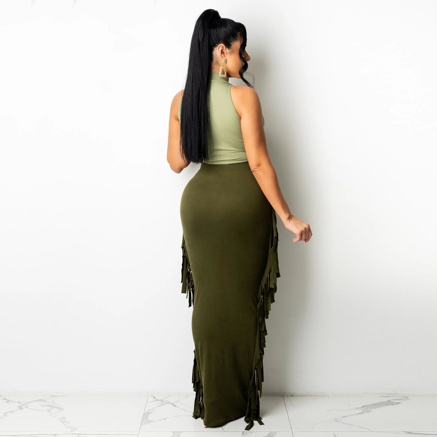 High Quality Brushed Fabric Solid Color Tassel Skirt On Both Sides