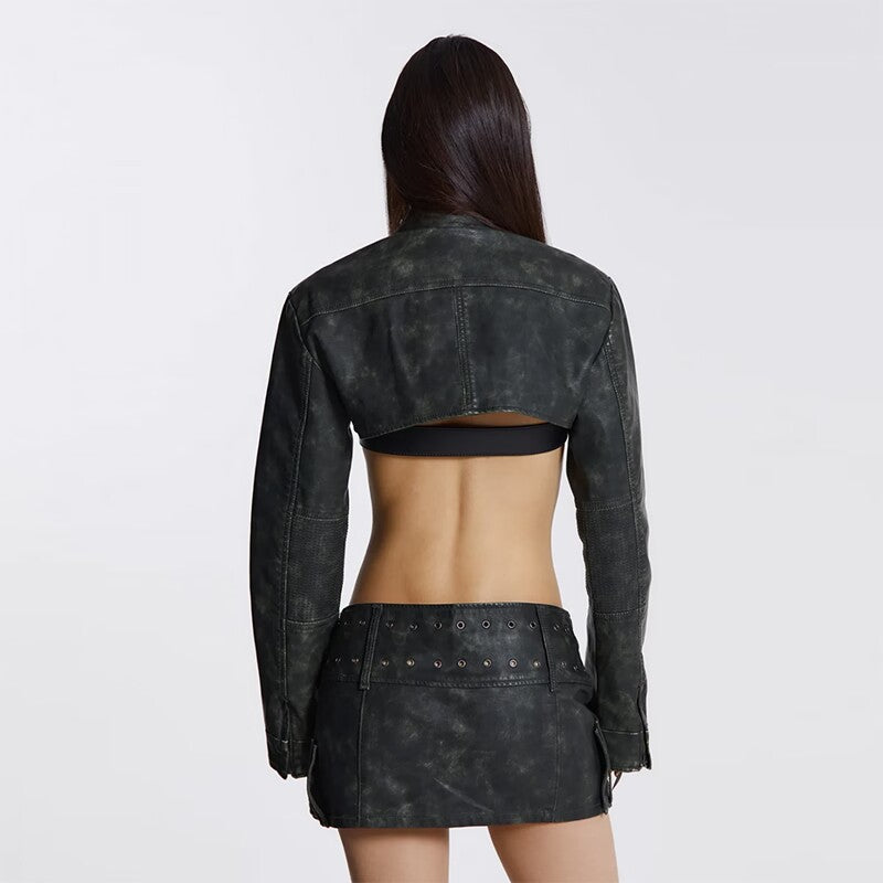 Vintage Worn Cross Belt Leather Miniskirt