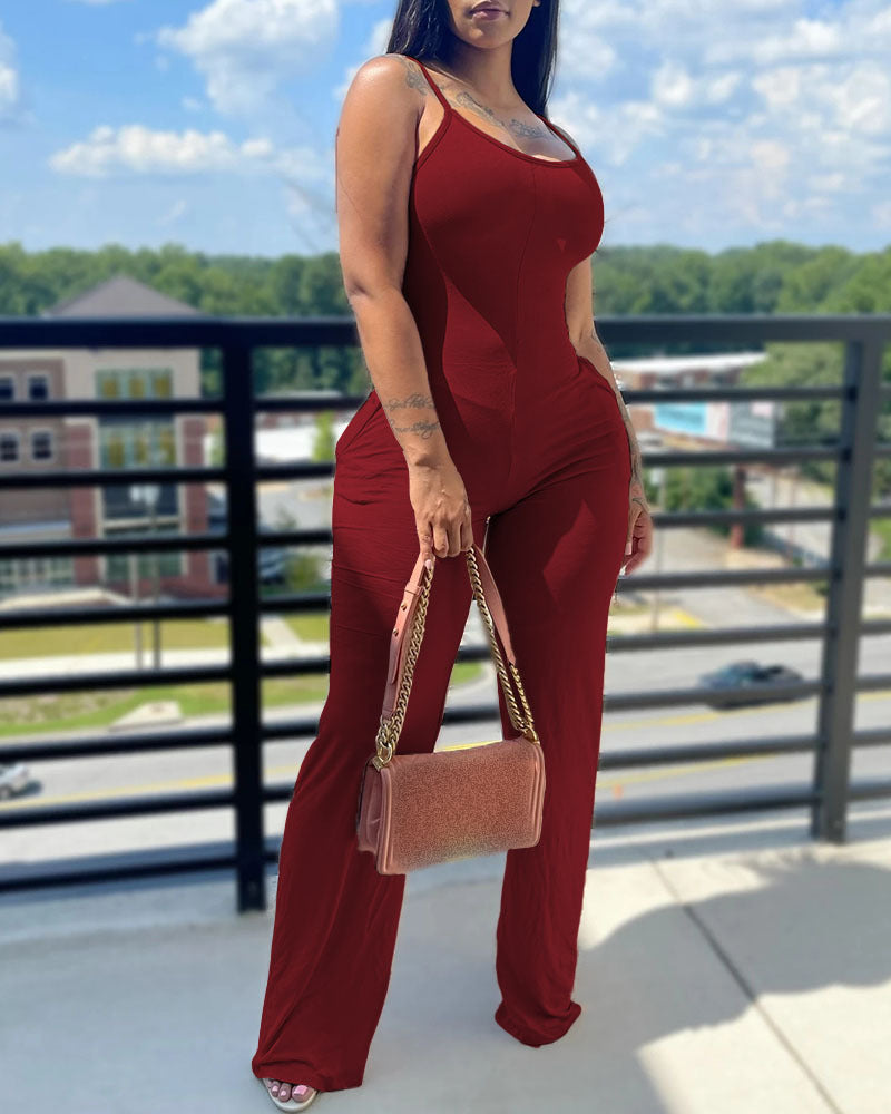 Women's Fashion Casual U-neck Spaghetti Straps Sleeveless Pocket Jumpsuit
