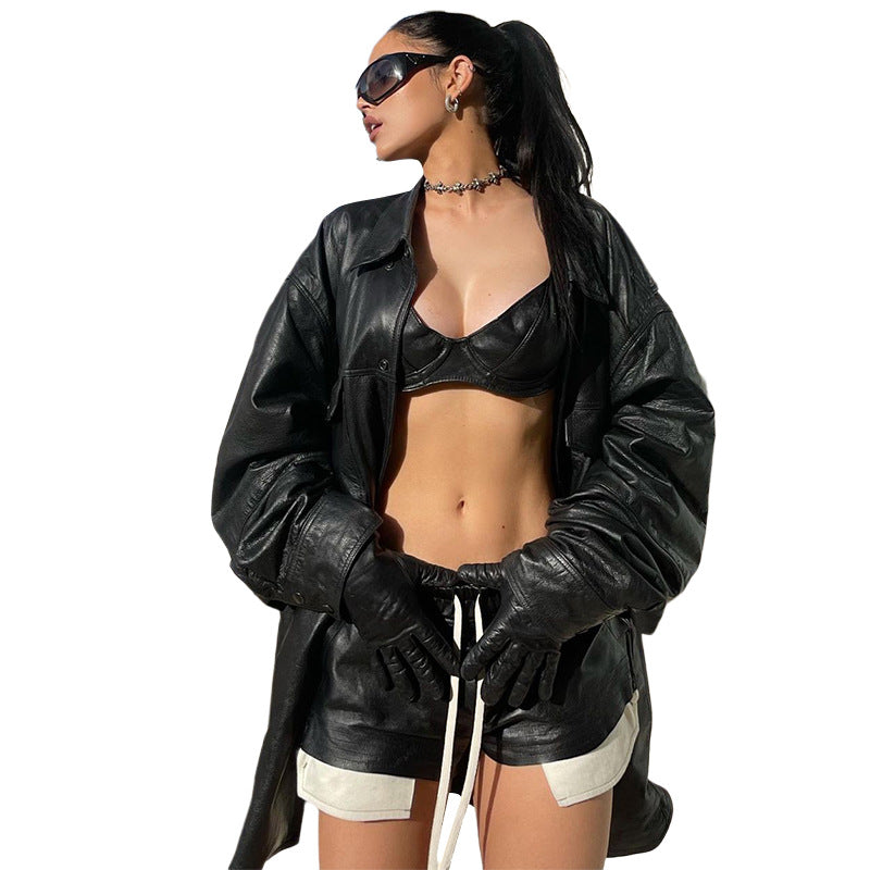 Women's Fashion Contrast Color Faux Leather Lace Up High Waist Pack Hip Tight Casual Shorts