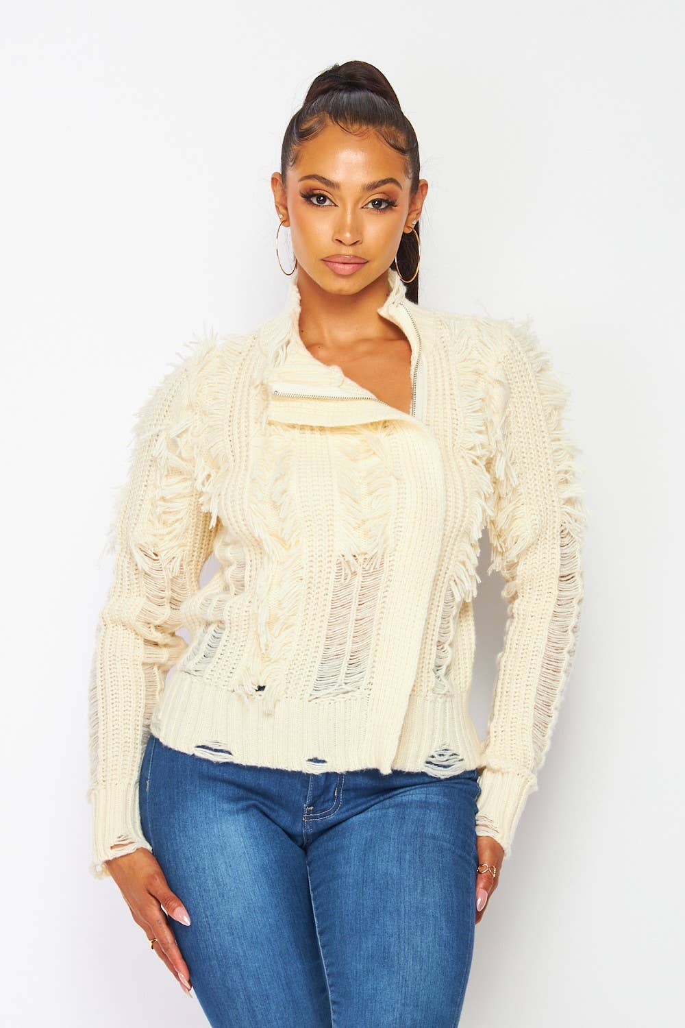Honey Dearest Shaggy Distressed Moto Sweater