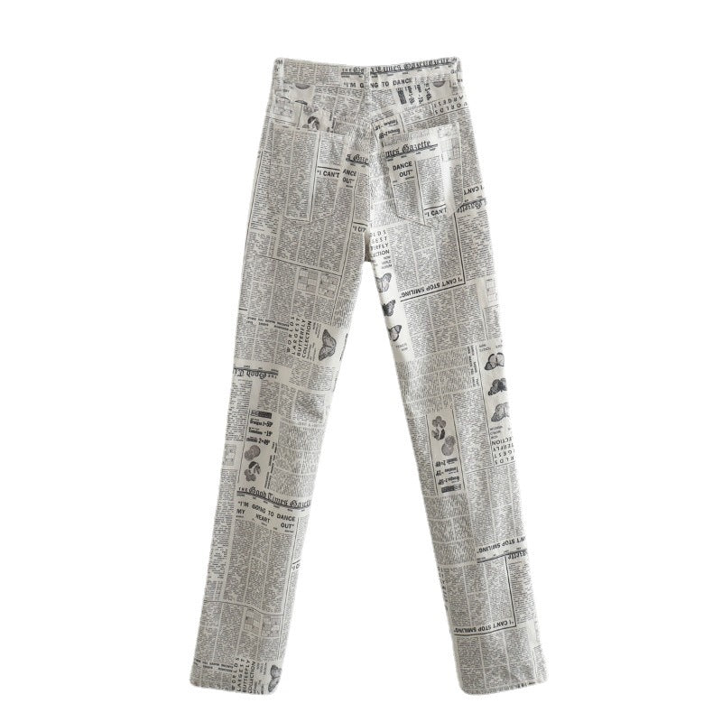 Woman Fashion Beige Print Straight Pants Patchwork