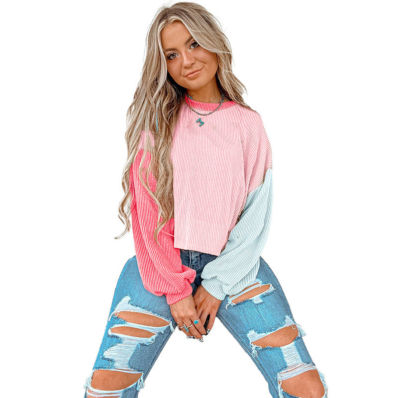 Casual Loose Color Contrast Patchwork Round Neck Sweater