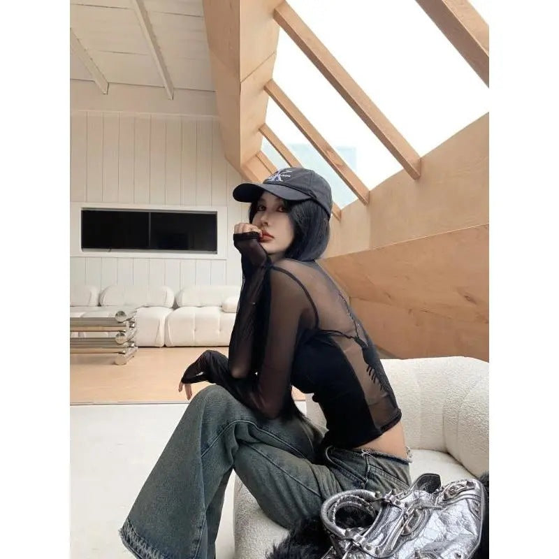 Retro Mesh Stitching Design Sense Half-high Collar Long Sleeves T-shirt