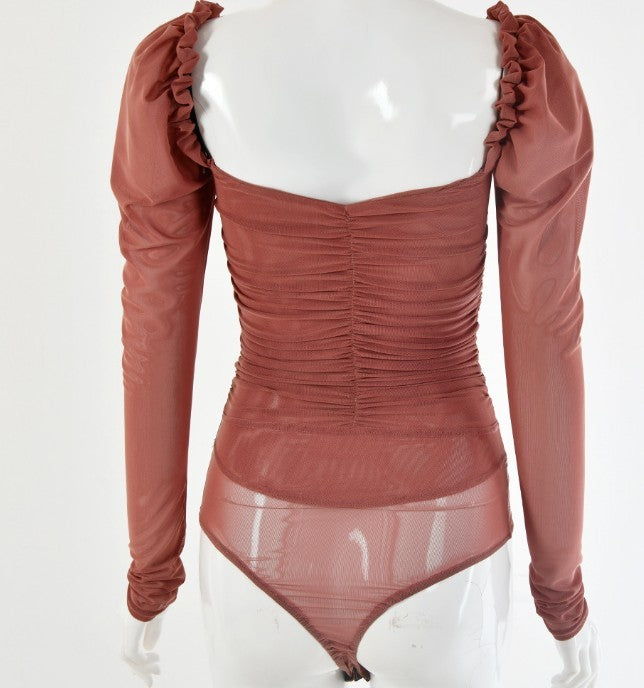 Long-sleeved U-neck mesh bottoming top