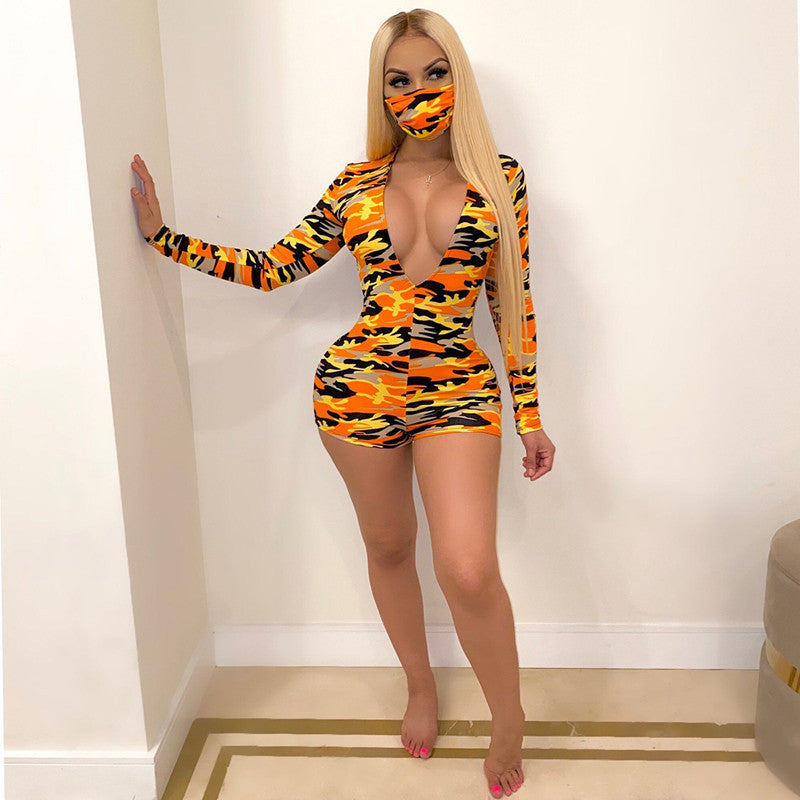 V-neck printed skinny long-sleeved jumpsuit