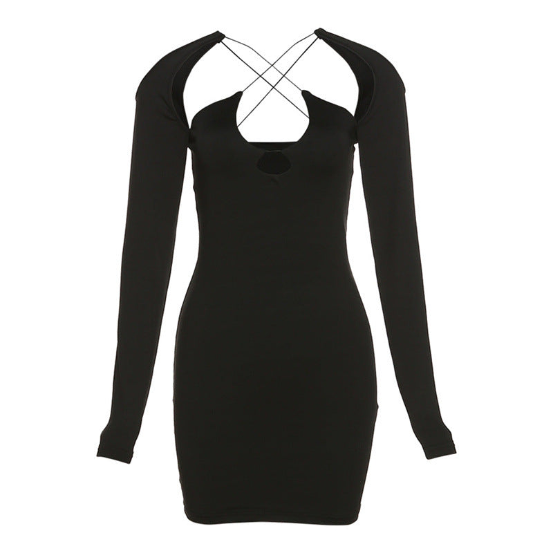 Fashion Hollow Solid Color Long Sleeve Slim Fit Hip Dress