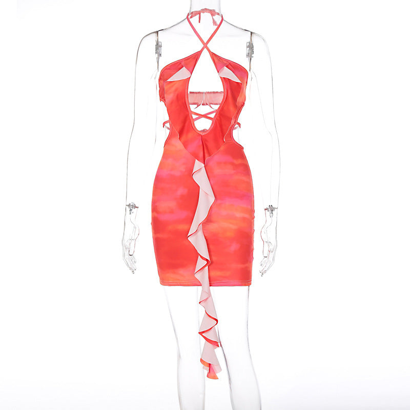 Fashion Hollowed-out Lace-up Fungus Sheath Short Dress