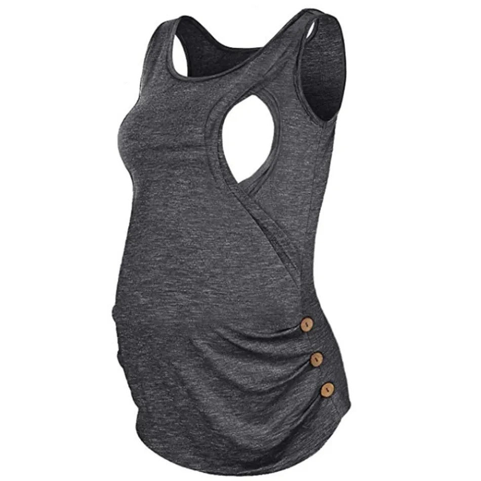 Sleeveless Solid Color Round Neck Button Vest Pregnant Women Breastfeeding Top