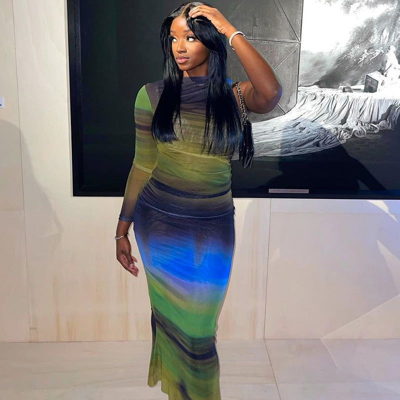 Long Sleeve Printed Medium Length Pencil Skirt