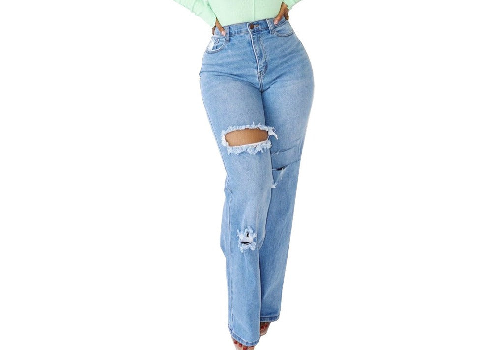 Fashion Personality Hole Stretch Versatile Straight