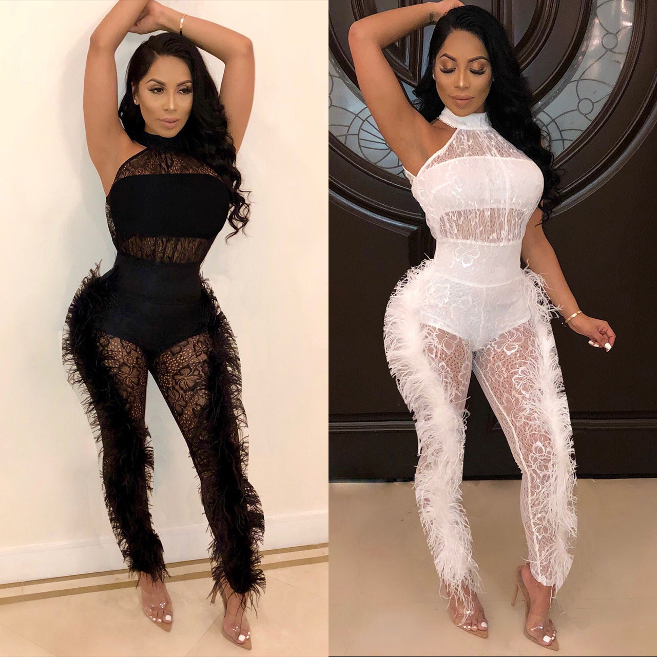 Solid Color Feather Trim Jumpsuit