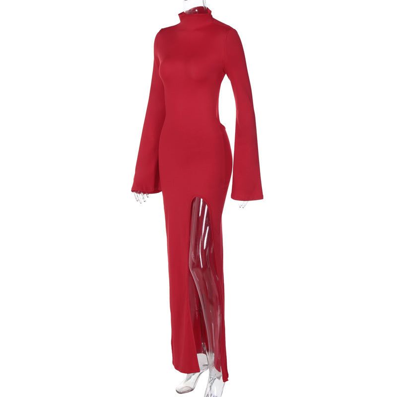 Bell Sleeve Backless Slit Slim Fit Dress