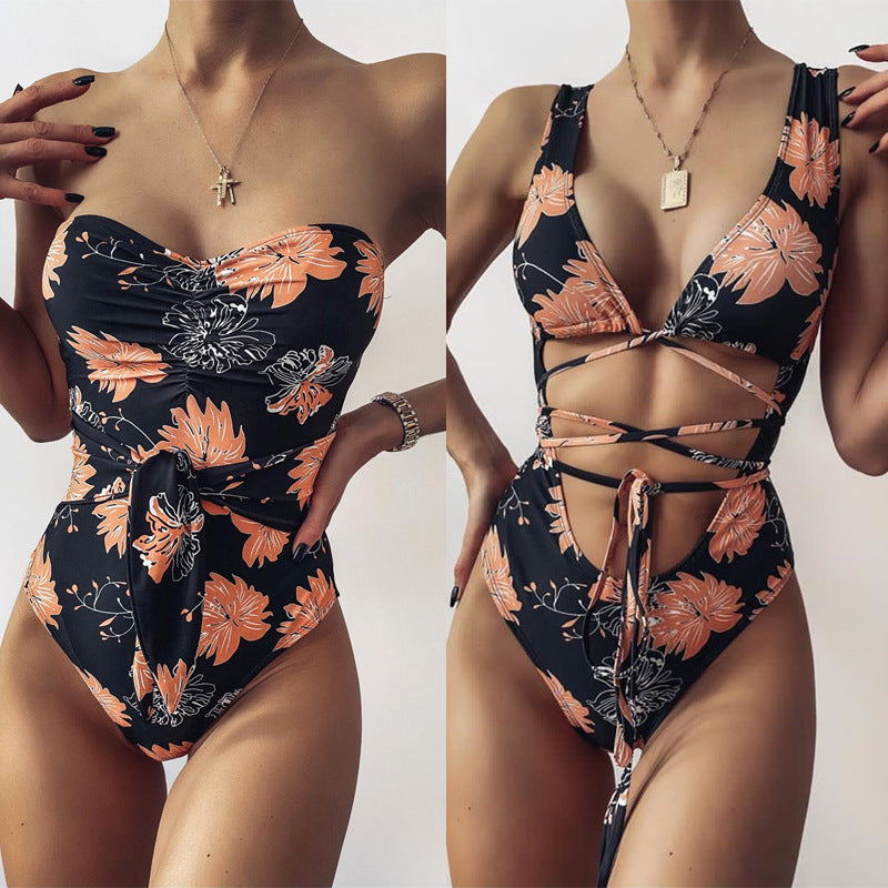 Sexy Strappy Big Flower Print One-piece Swimsuit