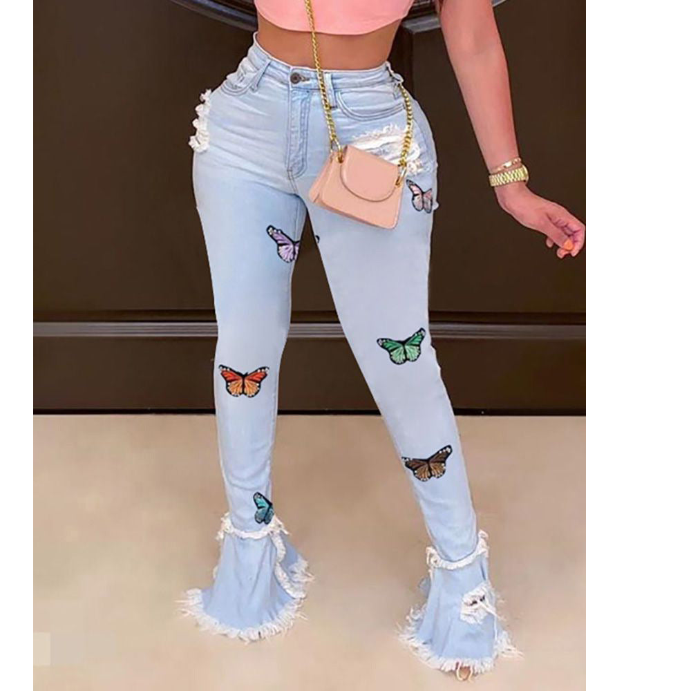 Fashion Butterfly Embroidered Ruffled Hole Denim
