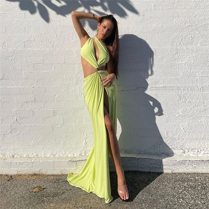 New Fall Women's Clothing Fashion Slant Shoulder Hollow Backless Slim-fit Slit Hip-wrapped Dress