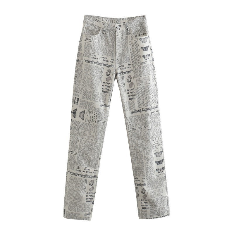 Woman Fashion Beige Print Straight Pants Patchwork