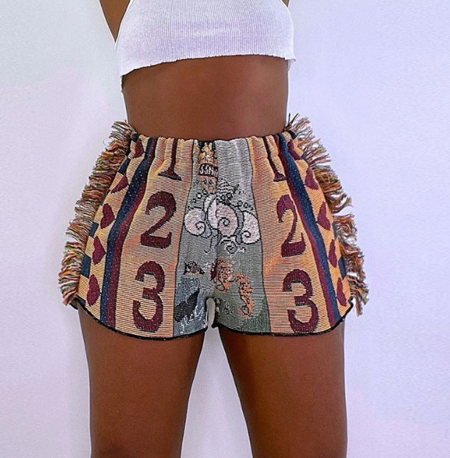 Printed Tassel Bag Hip Ethnic Style Tweed Casual Shorts
