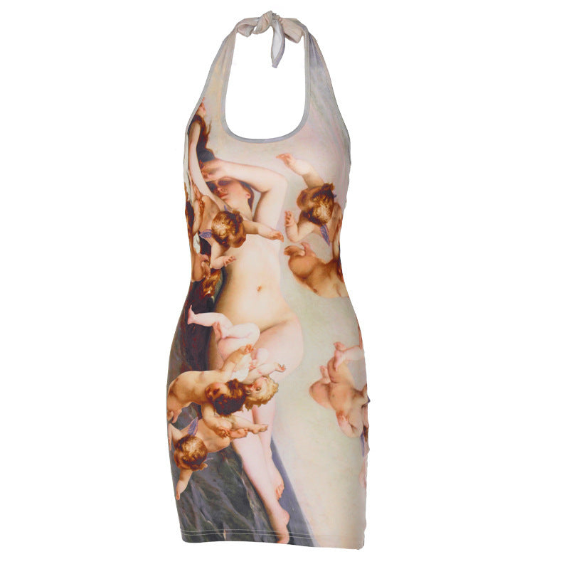 Summer Women's New Fashion Print Hanging Neck Sexy Tight-fitting Hip Dress