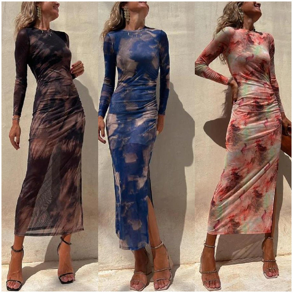 Tie-dye Printed Long Sleeve Fashion Pleated Stretch Dress