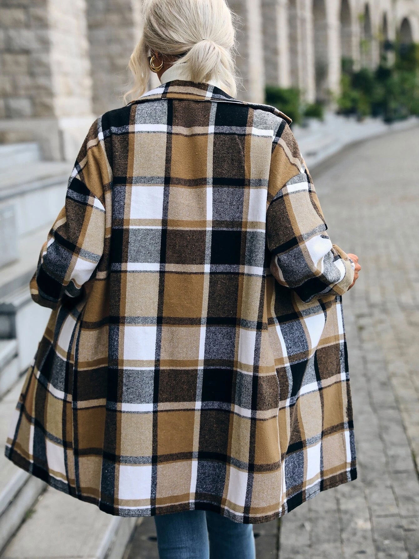 Casual Plaid Printed Pocket Long Jacket