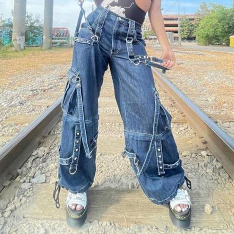 Buckle Design Loose Drape Floor Mop Pants