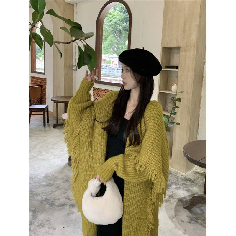 Mid-length Knitted Cardigan Women's Over-the-knee Tassel Sweater Coat