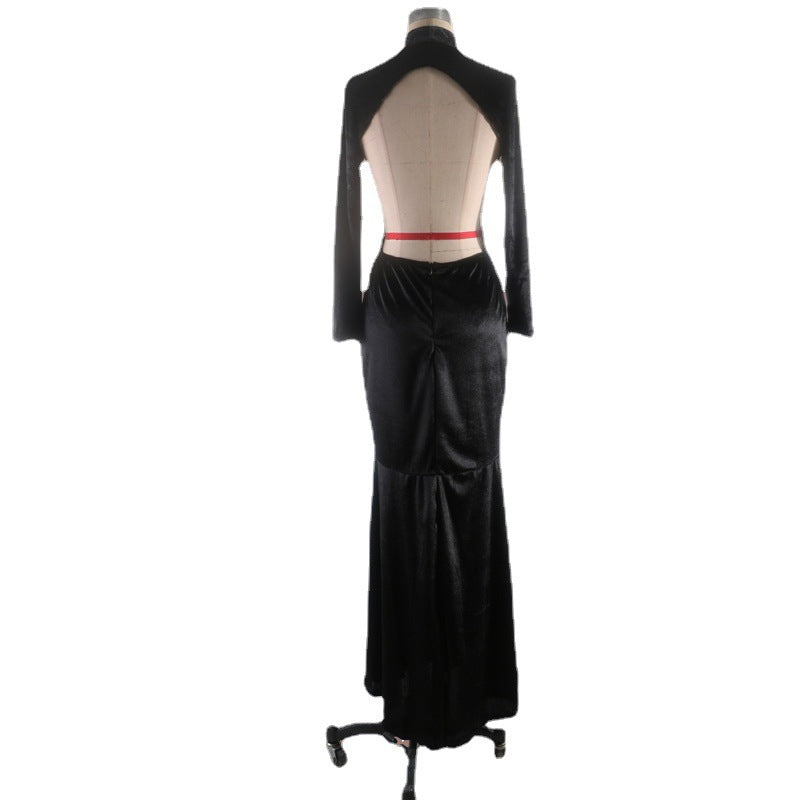 Women's Fashion Pure Black Dress Trailing Dress