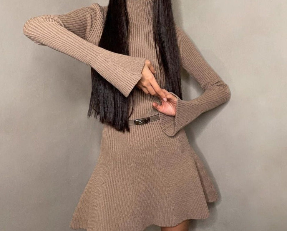 Autumn And Winter Long Sleeves Solid Color Top Turtleneck Sweater High Waist Tight Short Knitted A- Line Dress