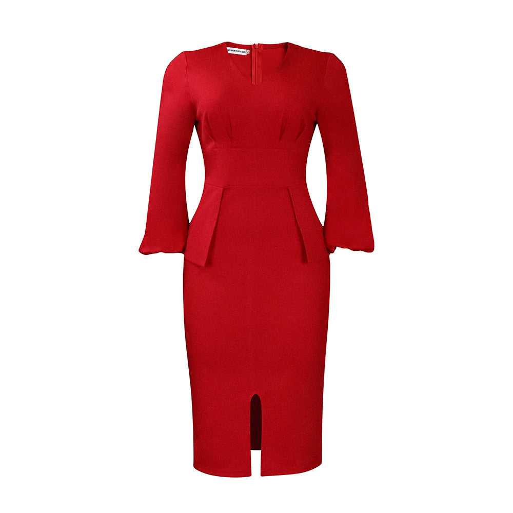 Women's Clothing V-neck Puff Sleeve Split Dress Pencil Skirt