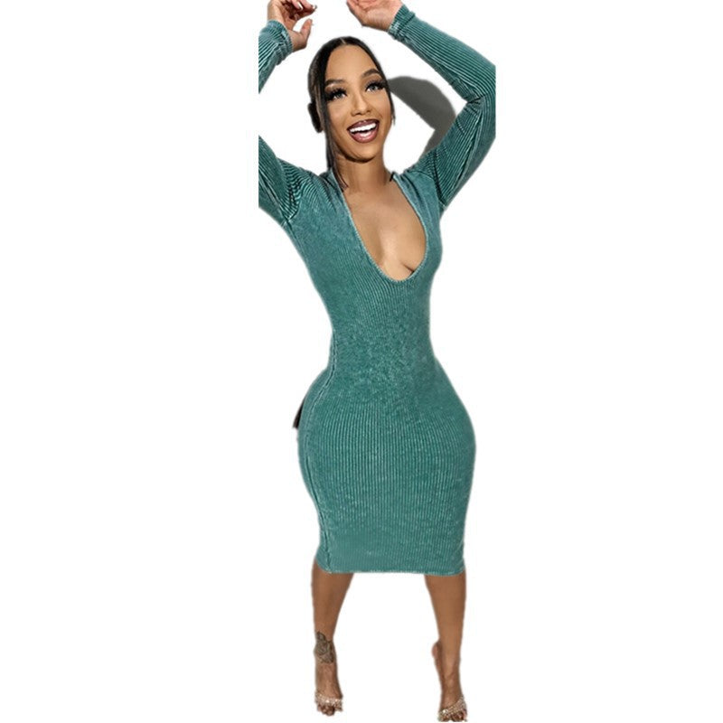 Women's Fashion Casual Sunken Stripe Threaded Long Sleeve V-neck Hip Dresse