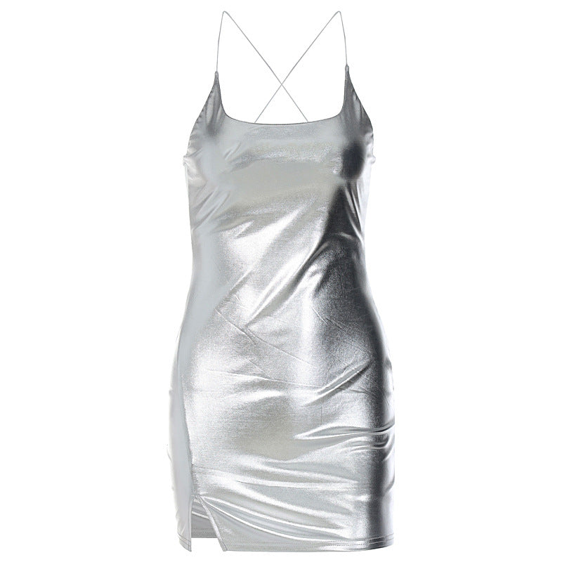 Solid Color Sling Backless Slit Sexy Party Dress