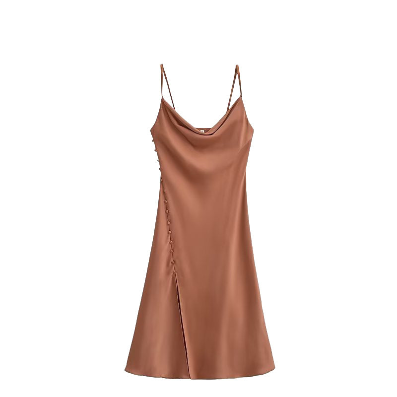 French Backless Fastener Decoration Satin Texture Sling Dress