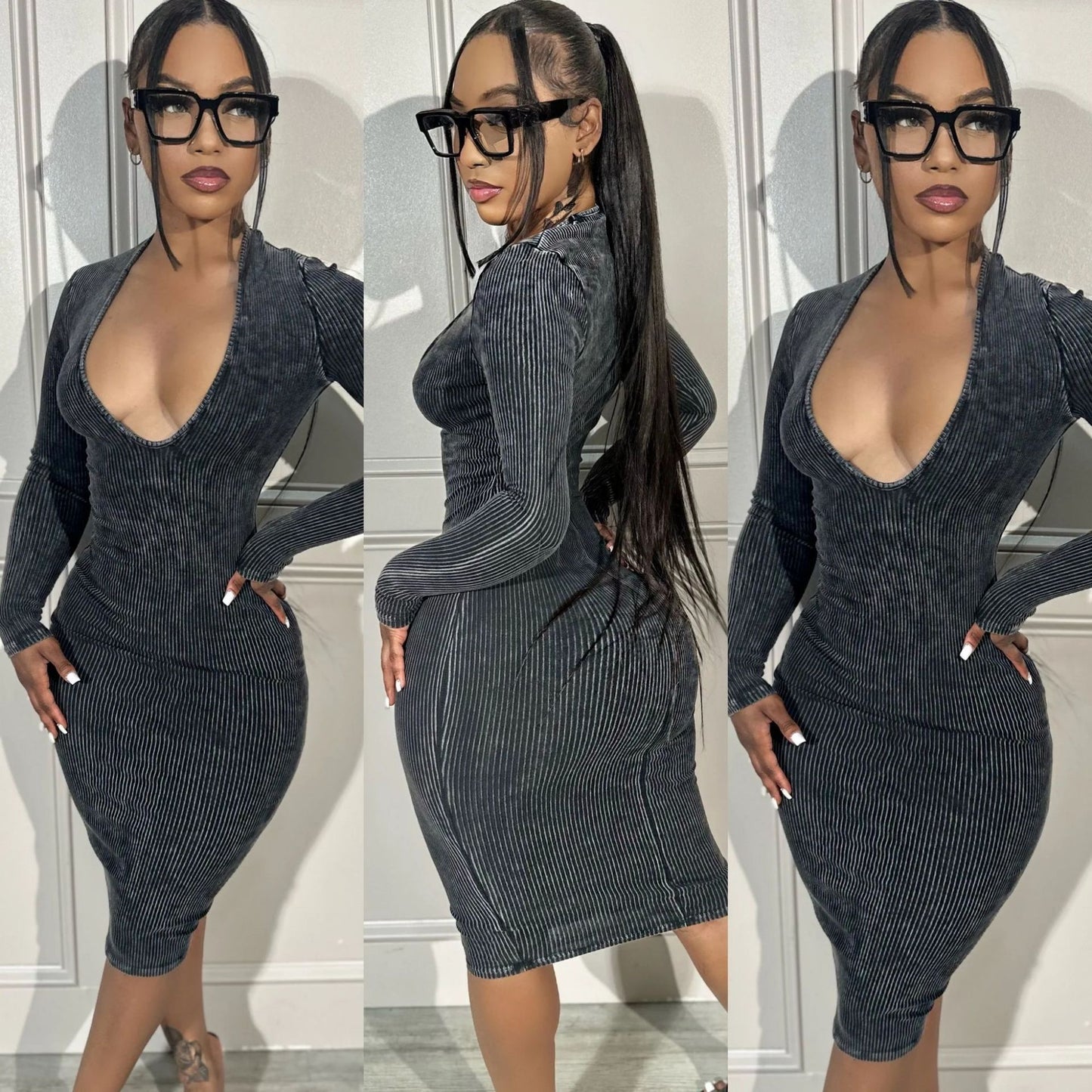 Women's Fashion Casual Sunken Stripe Threaded Long Sleeve V-neck Hip Dresse