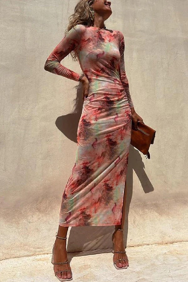 Tie-dye Printed Long Sleeve Fashion Pleated Stretch Dress