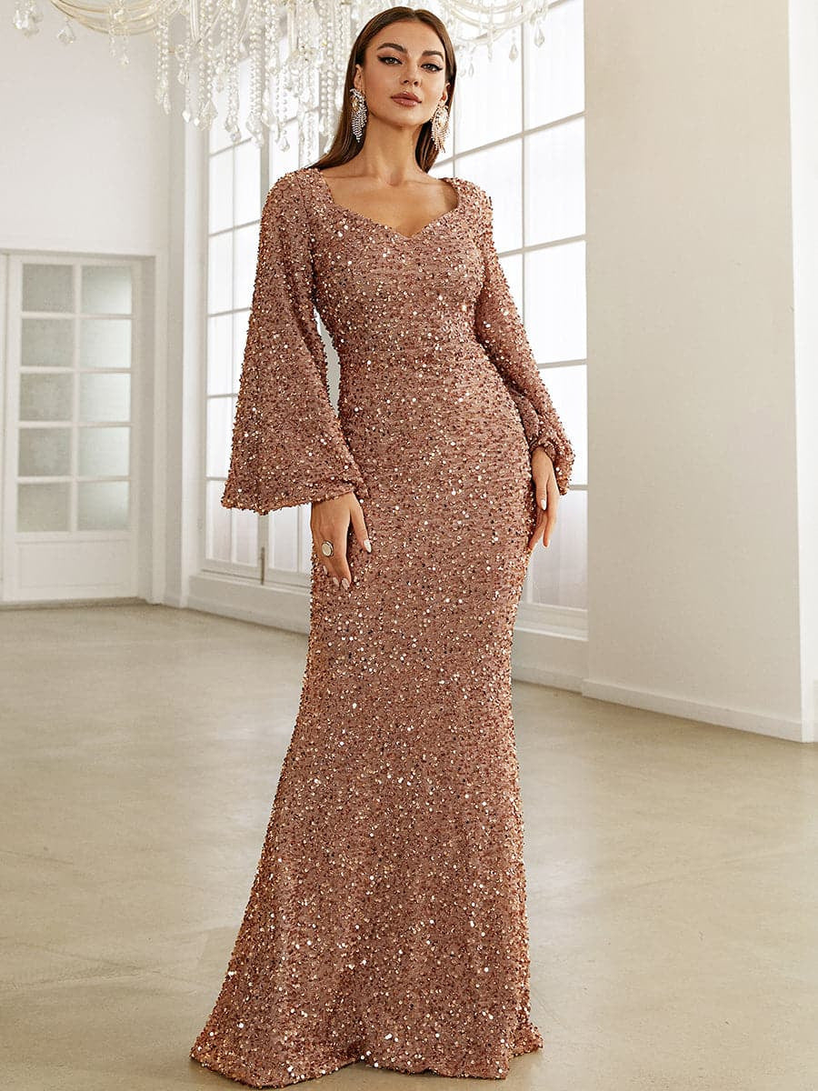 V-neck Hip Sequined Mid-waist Flared Sleeve Dress