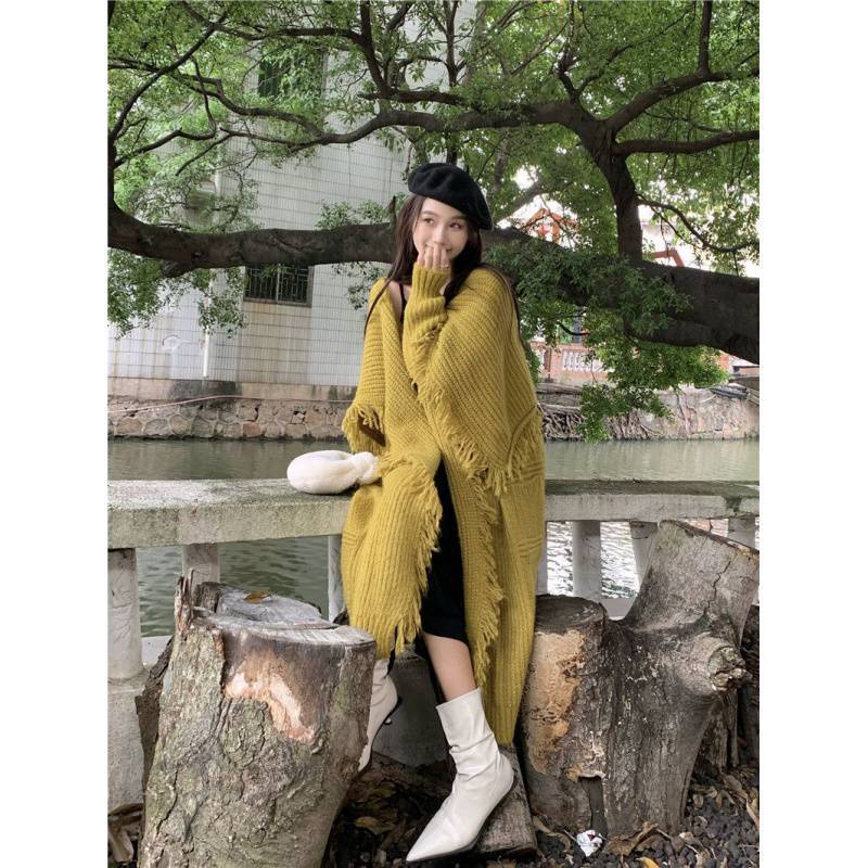 Mid-length Knitted Cardigan Women's Over-the-knee Tassel Sweater Coat