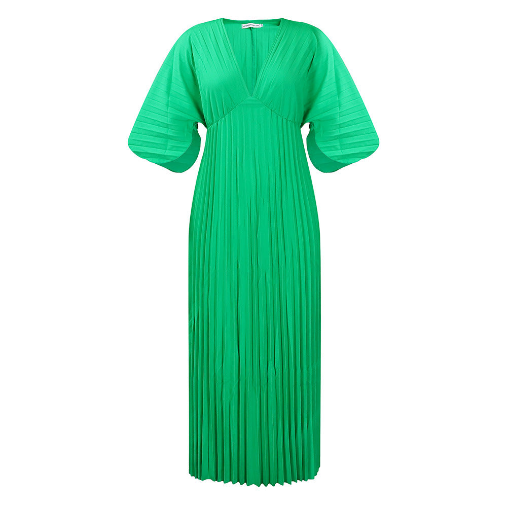 Women's Loose Casual V-neck Batwing Sleeve Pleated Dress