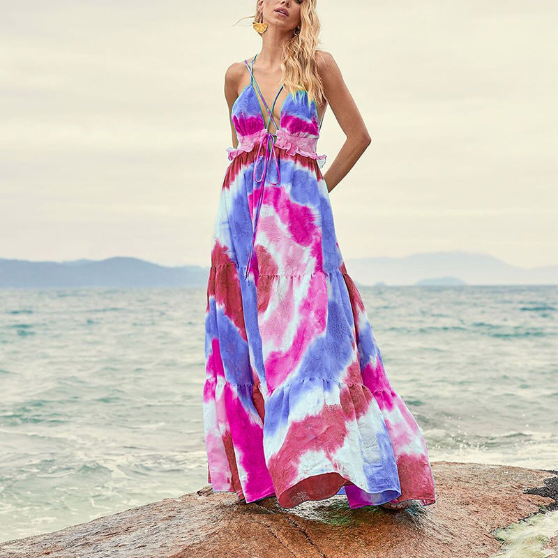 Tie-dye Gradient Slanted Stripe Horizontal Pattern Printing Slip Dress