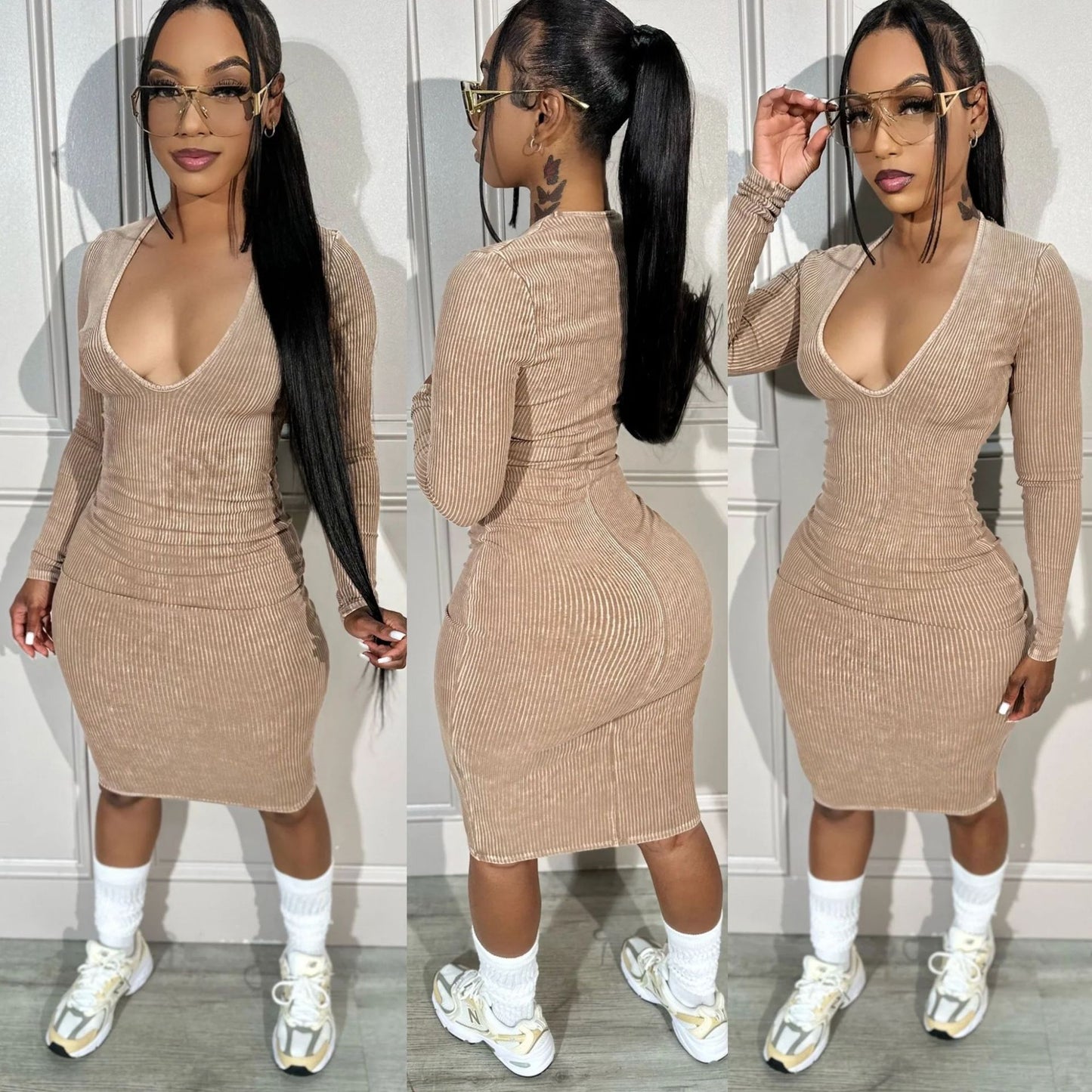 Women's Fashion Casual Sunken Stripe Threaded Long Sleeve V-neck Hip Dresse