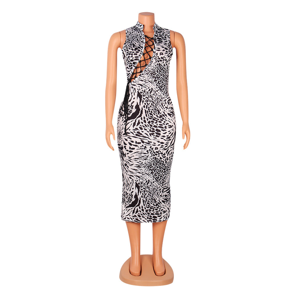 Women's Dress Printed Lace-up Cutout