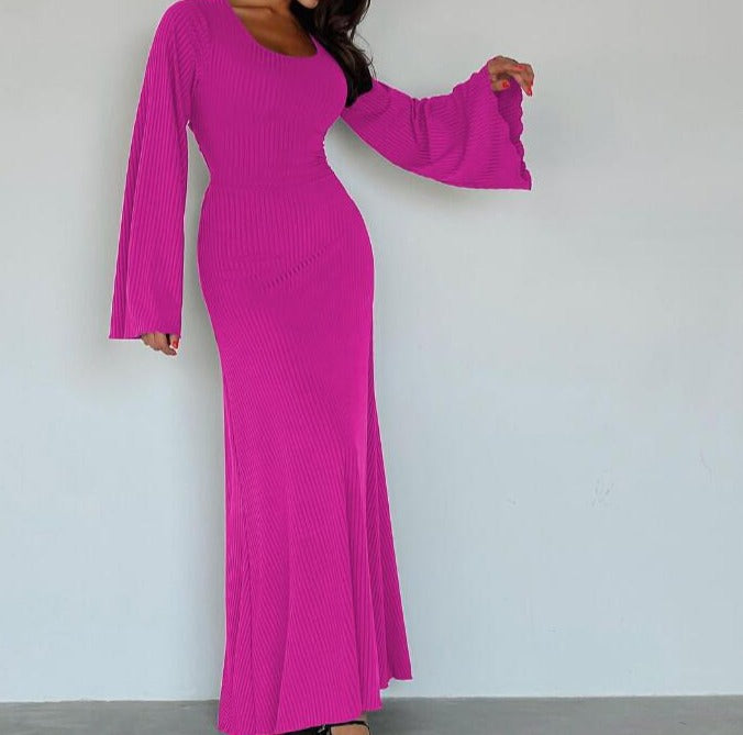 Fashion Loose U-neck Back Lace-up Long Sleeve Dress