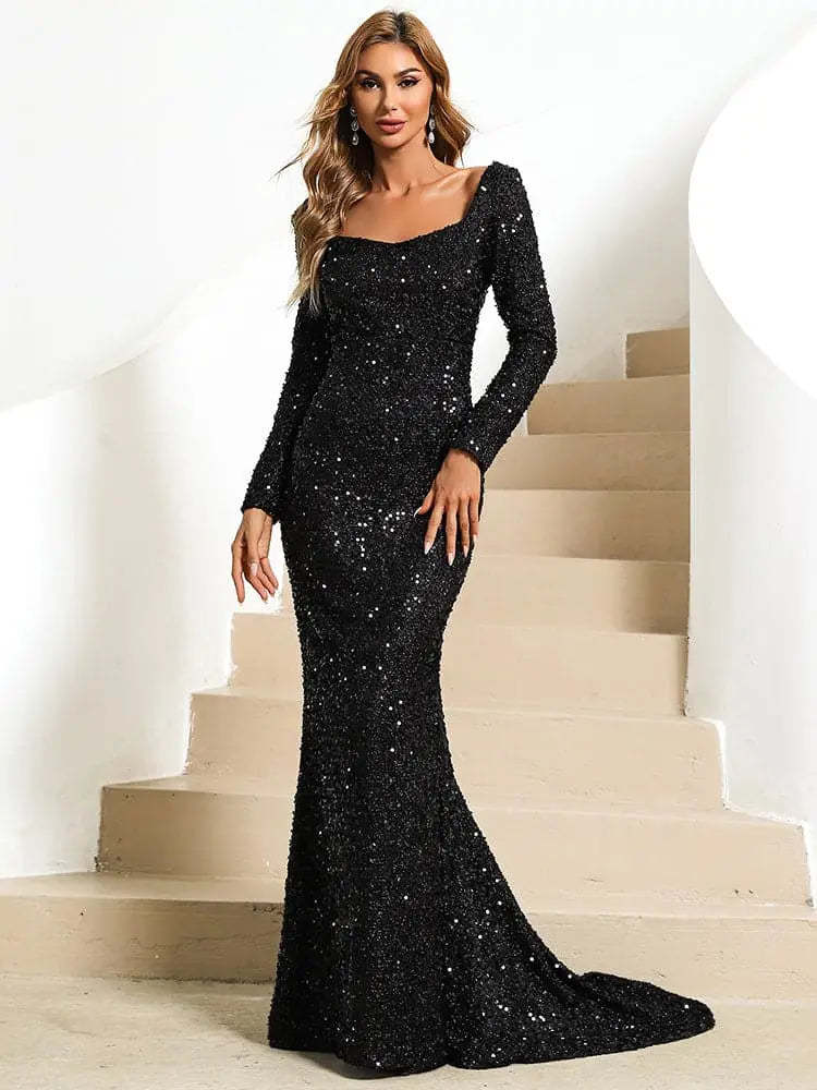 V-neck Hip Sequined Mid-waist Flared Sleeve Dress