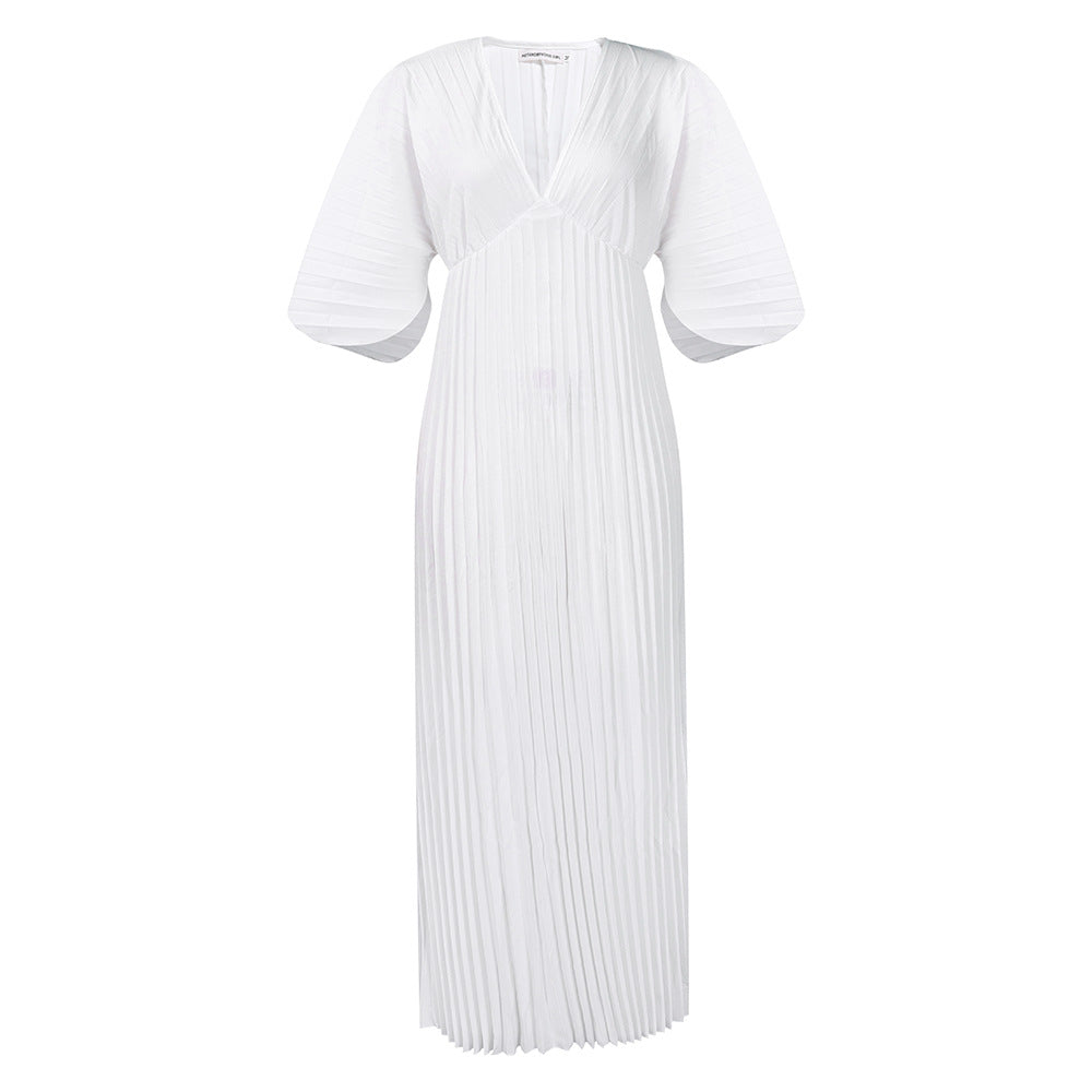 Women's Loose Casual V-neck Batwing Sleeve Pleated Dress